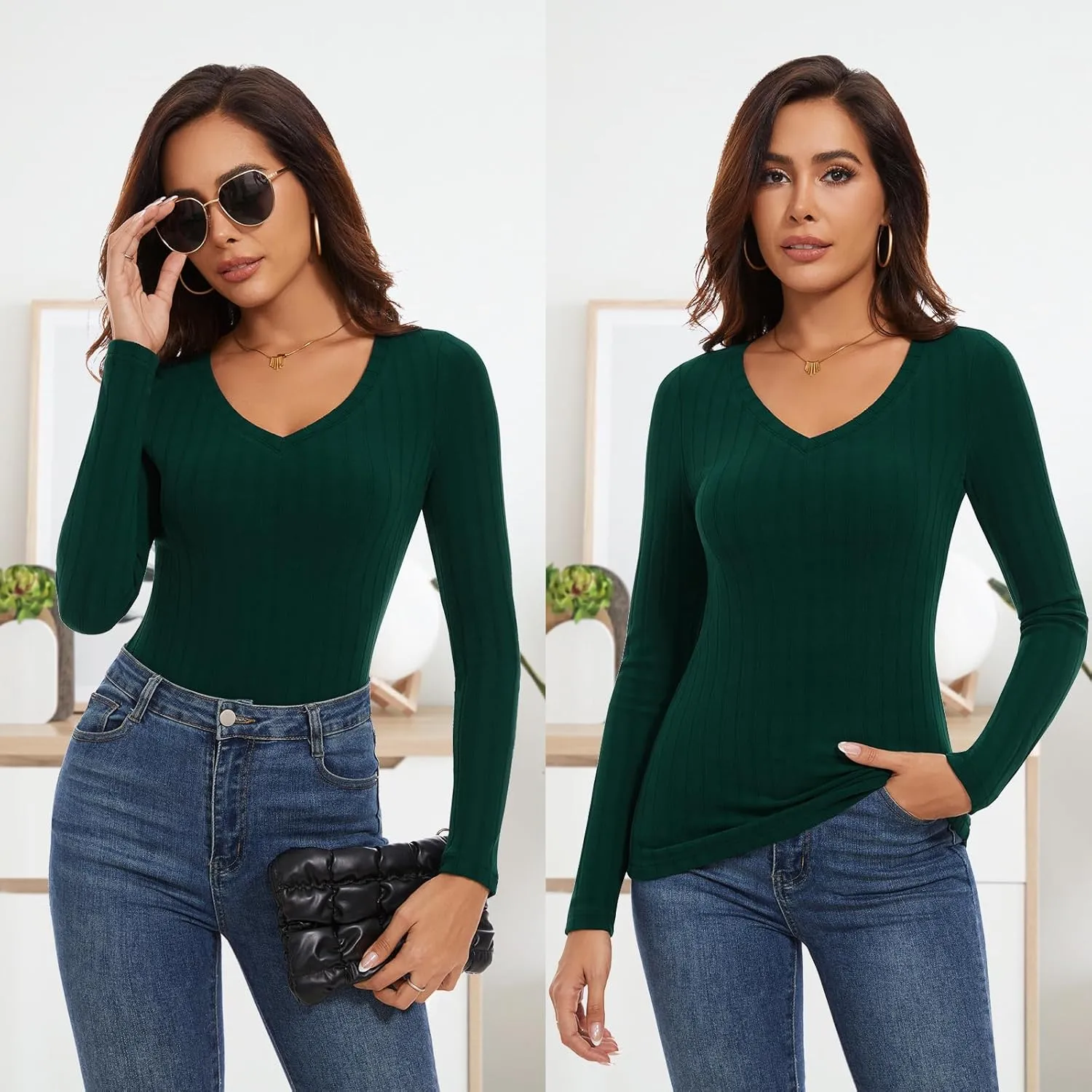 WOWENY Womens Long Sleeve Thermal Shirts V Neck T Shirts Underwear Tops Warm Base Layer Basic Fitted Tees