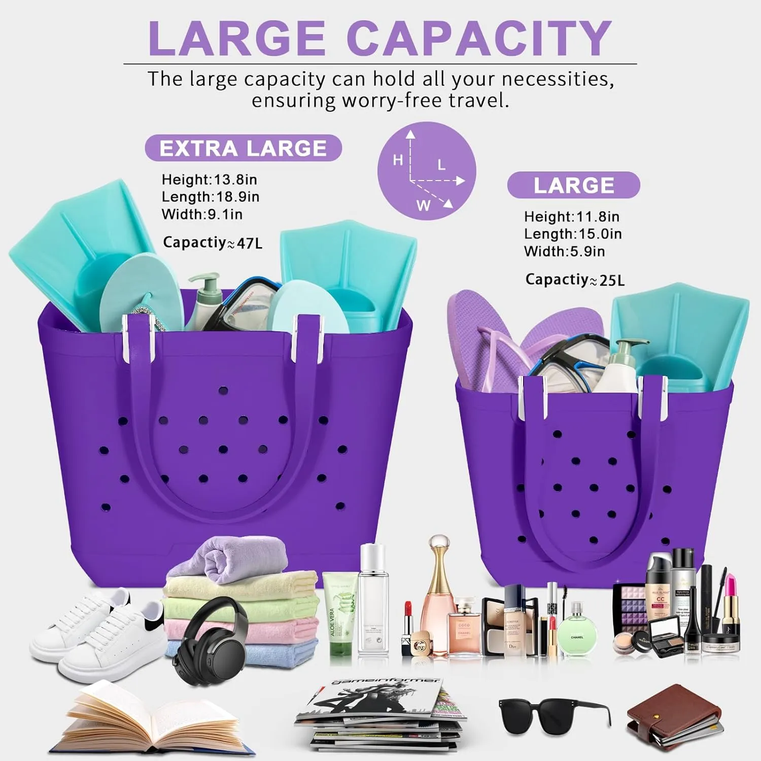 X-Large Beach Rubber Tote Bag Washable Travel Waterproof Sandproof Durable Modern Sports Handbag Groceries Pool