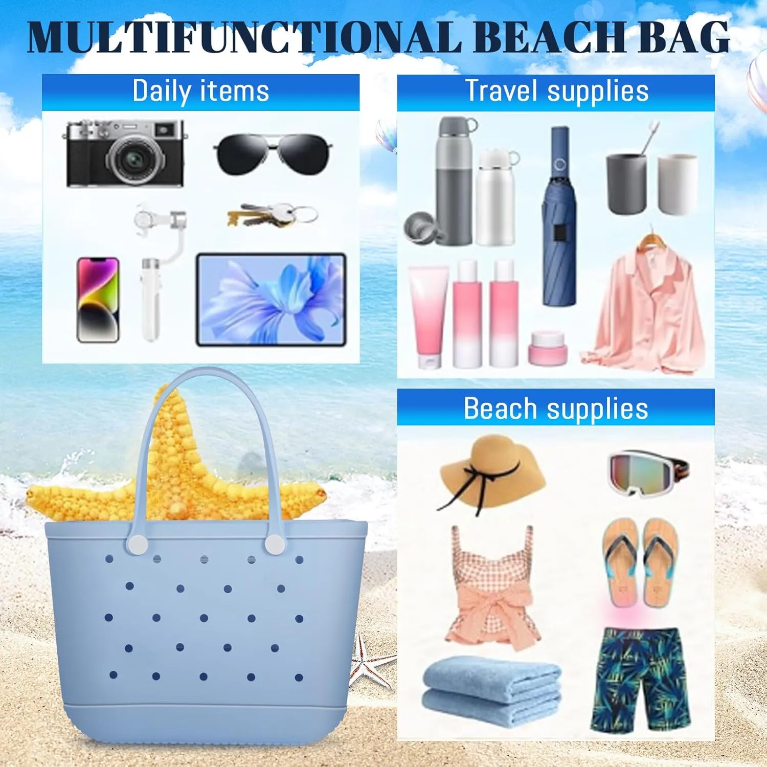 X-Large Rubber Tote Bag Waterproof Beach Washable Handbag Storage Bags Durable Modern Travel SportsTote Bag