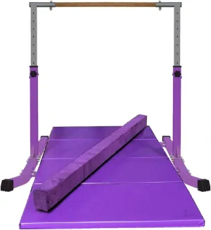 XDance Adjustable Gymnastics Kip Bar Set with Balance Beam and 6'x4' Mat for Kids, Expandable Horizontal Gymnastic Training Exercise Gymnast Home Gym 3 to 5 FT Fiberglass Rail (Purple)