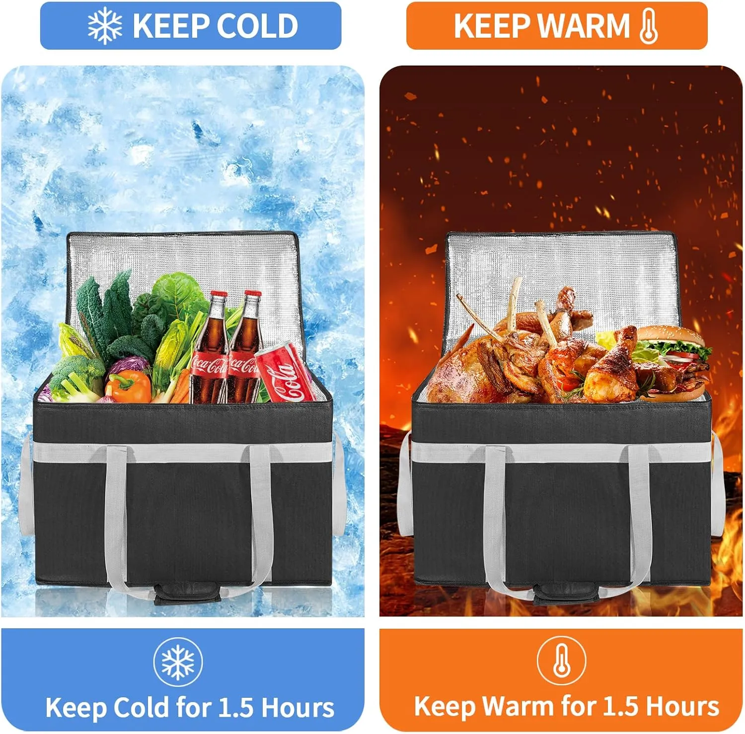 XXXL Insulated Food Delivery Bag with Removable Hard Bottom, Reusable Insulated Grocery Bag for Hot and Cold Food, Catering Cooler for Doordash, Warmers, Parties (Black,1 Pack)