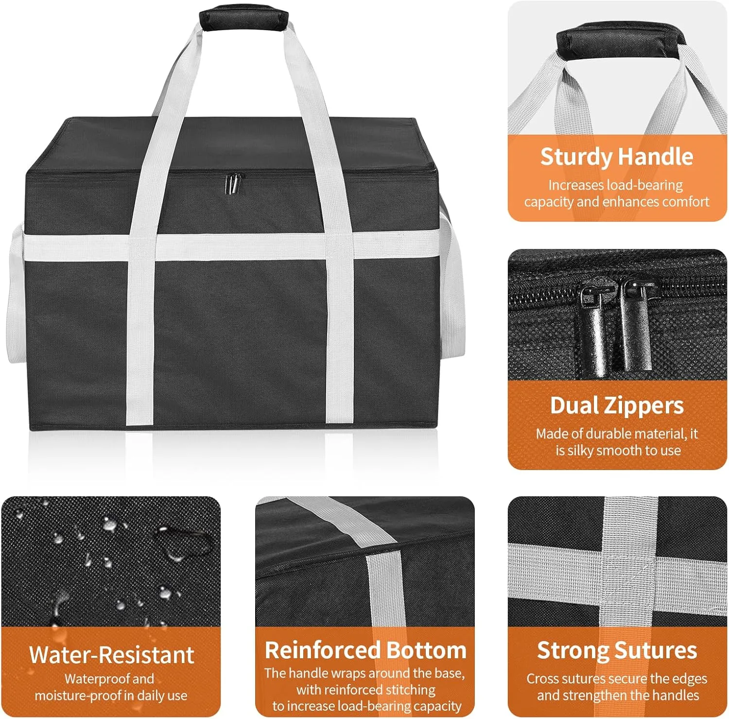 XXXL Insulated Food Delivery Bag with Removable Hard Bottom, Reusable Insulated Grocery Bag for Hot and Cold Food, Catering Cooler for Doordash, Warmers, Parties (Black,1 Pack)