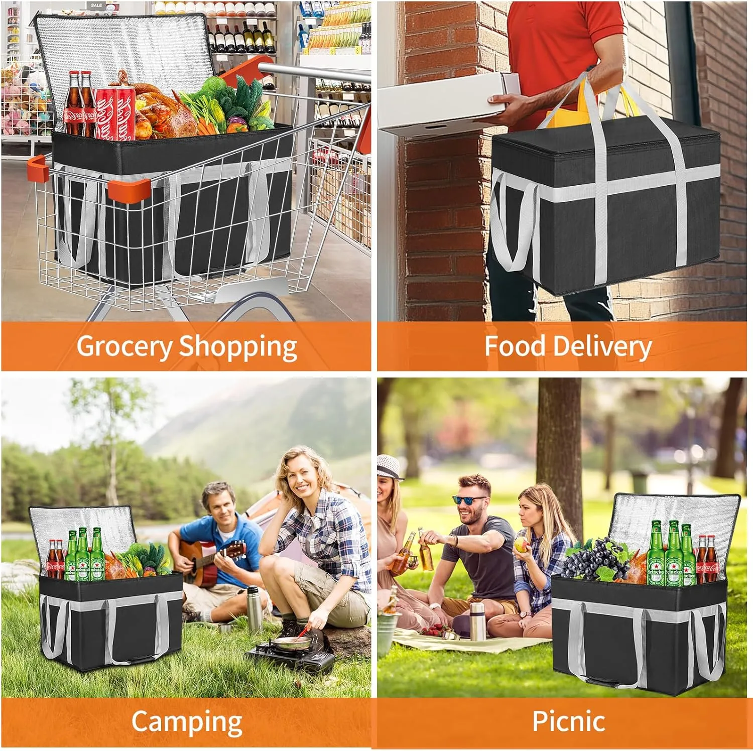 XXXL Insulated Food Delivery Bag with Removable Hard Bottom, Reusable Insulated Grocery Bag for Hot and Cold Food, Catering Cooler for Doordash, Warmers, Parties (Black,1 Pack)