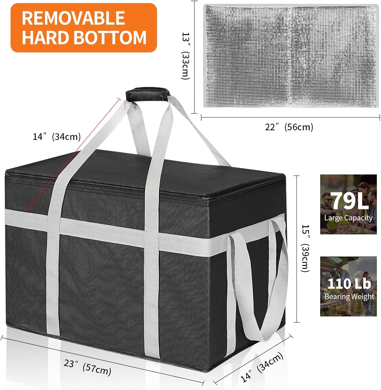 XXXL Insulated Food Delivery Bag with Removable Hard Bottom, Reusable Insulated Grocery Bag for Hot and Cold Food, Catering Cooler for Doordash, Warmers, Parties (Black,1 Pack)