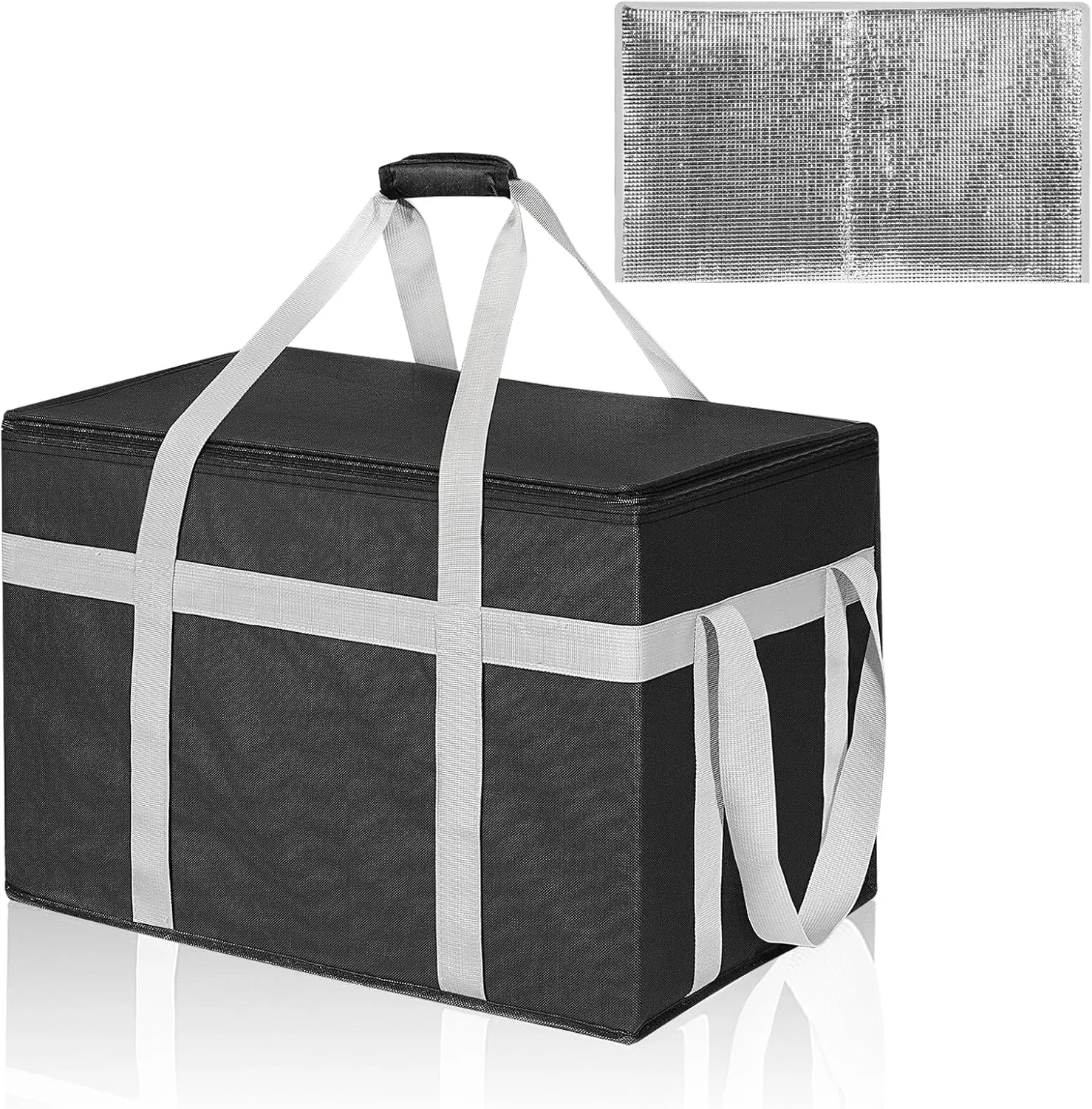XXXL Insulated Food Delivery Bag with Removable Hard Bottom, Reusable Insulated Grocery Bag for Hot and Cold Food, Catering Cooler for Doordash, Warmers, Parties (Black,1 Pack)
