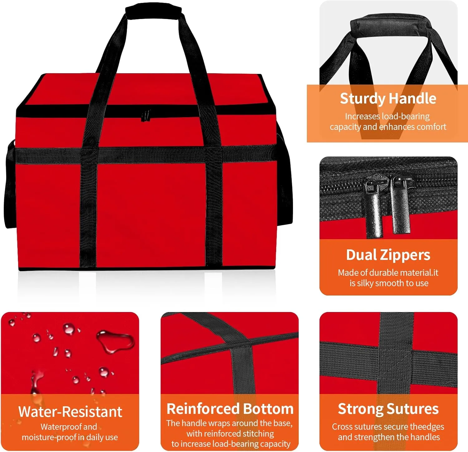 XXXL Insulated Food Delivery Bag with Removable Hard Bottom, Reusable Insulated Grocery Bag for Hot and Cold Food, Catering Cooler for Doordash, Warmers, Parties (Red,1 Pack)