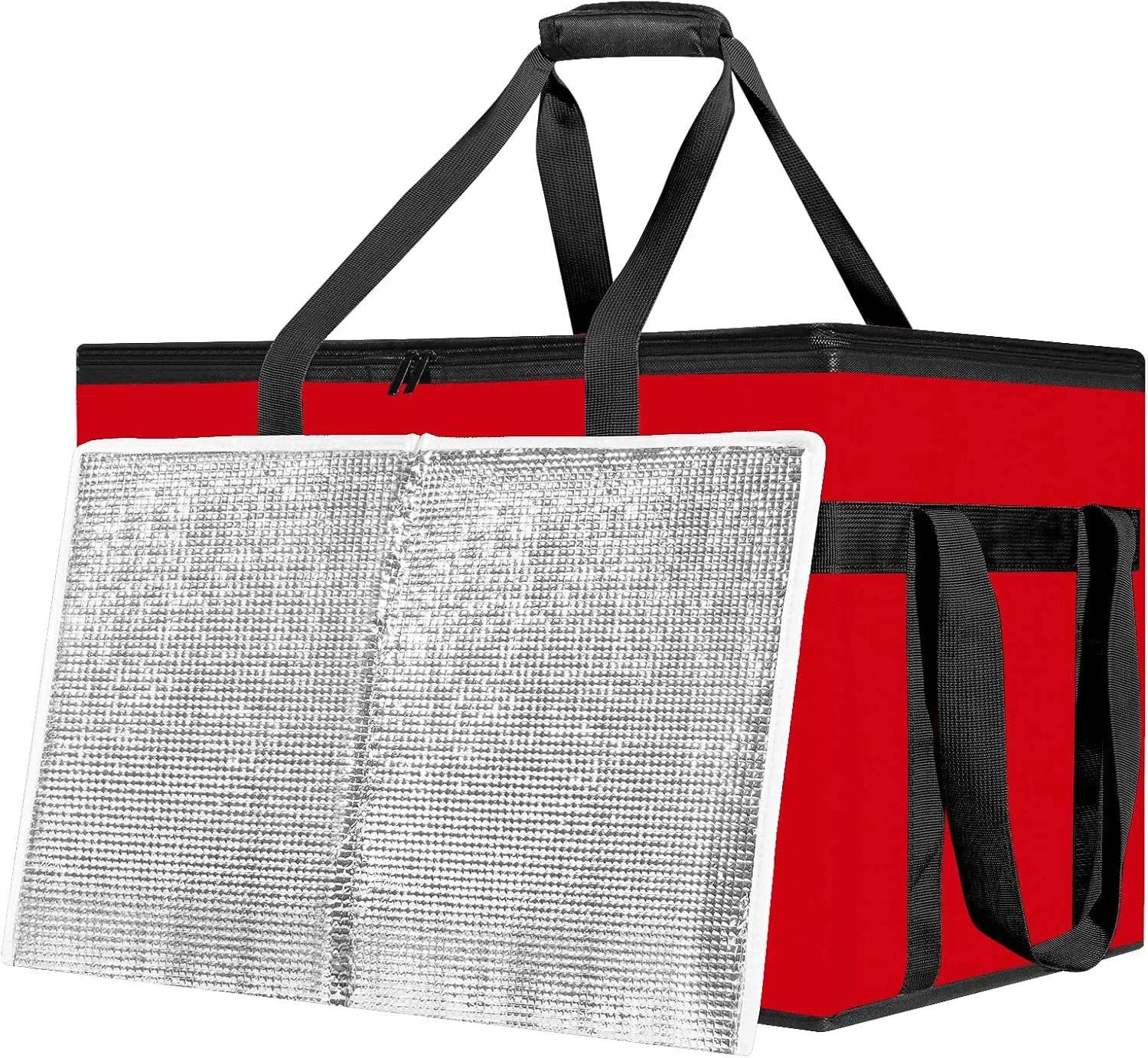 XXXL Insulated Food Delivery Bag with Removable Hard Bottom, Reusable Insulated Grocery Bag for Hot and Cold Food, Catering Cooler for Doordash, Warmers, Parties (Red,1 Pack)