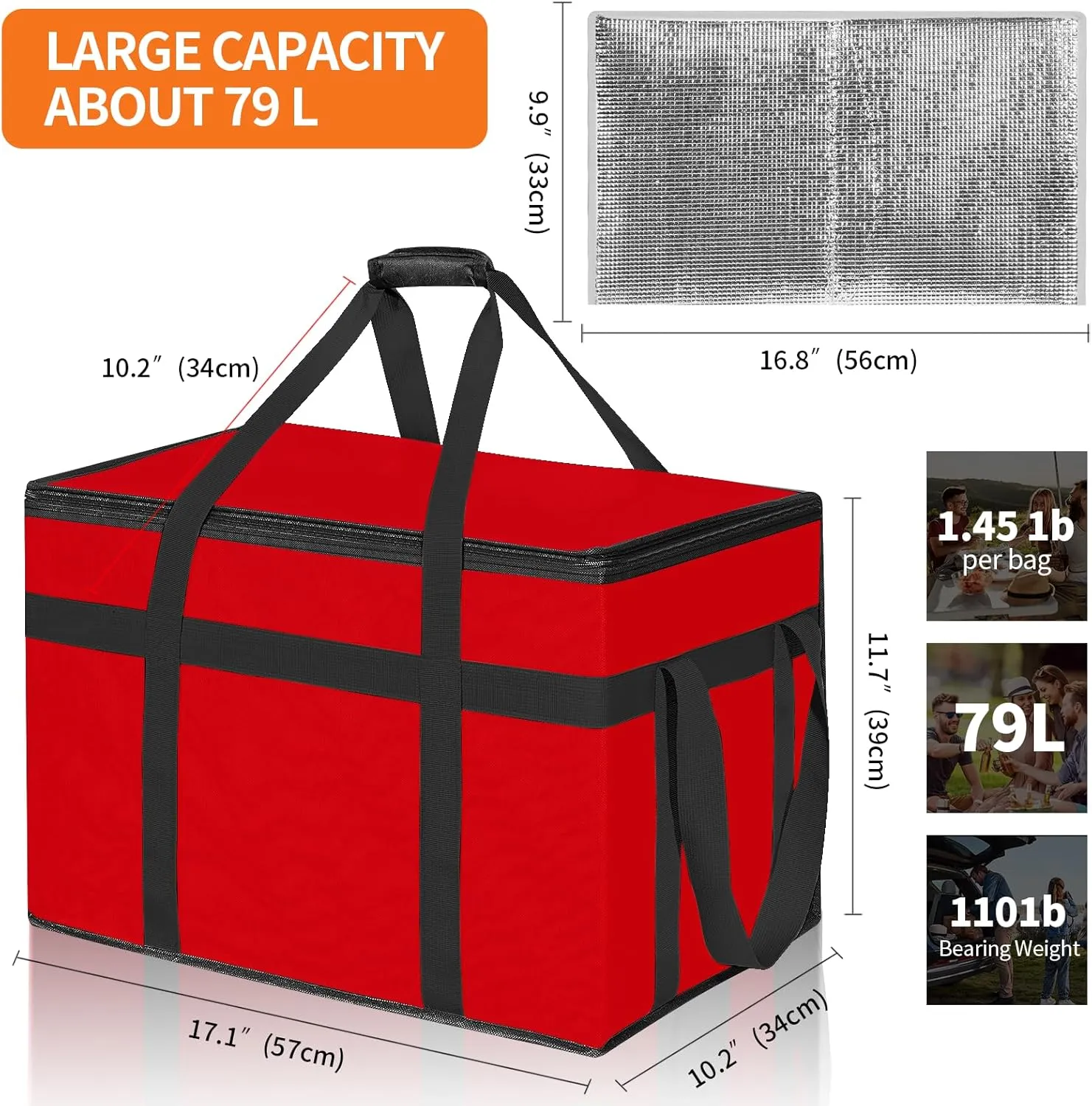 XXXL Insulated Food Delivery Bag with Removable Hard Bottom, Reusable Insulated Grocery Bag for Hot and Cold Food, Catering Cooler for Doordash, Warmers, Parties (Red,1 Pack)