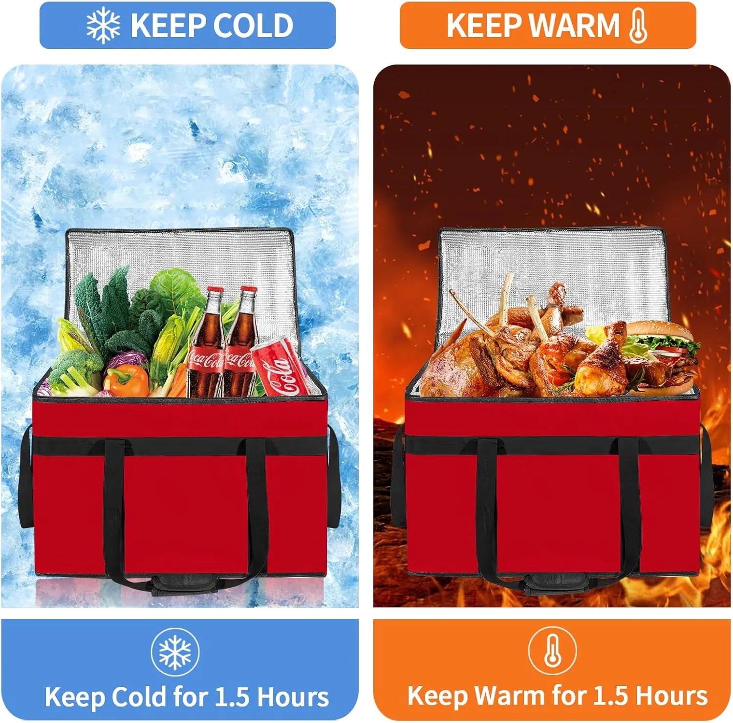 XXXL Insulated Food Delivery Bag with Removable Hard Bottom, Reusable Insulated Grocery Bag for Hot and Cold Food, Catering Cooler for Doordash, Warmers, Parties (Red,1 Pack)