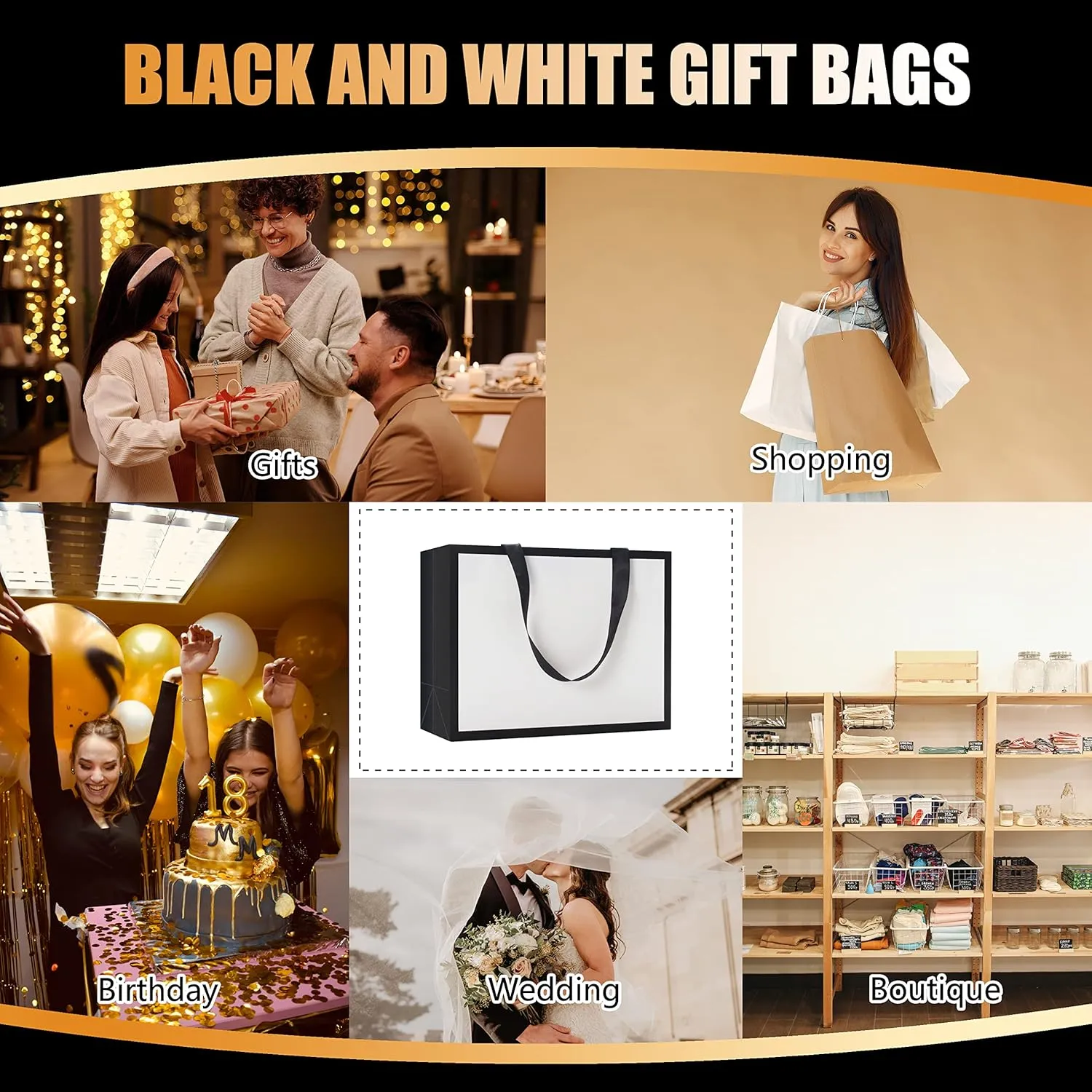 YACEYACE Black and White Gift Bags, 20Pcs 10.5"x4.25"x8" with Ribbon Handles - Bulk Gift Bags for Wedding, Birthday, Party
