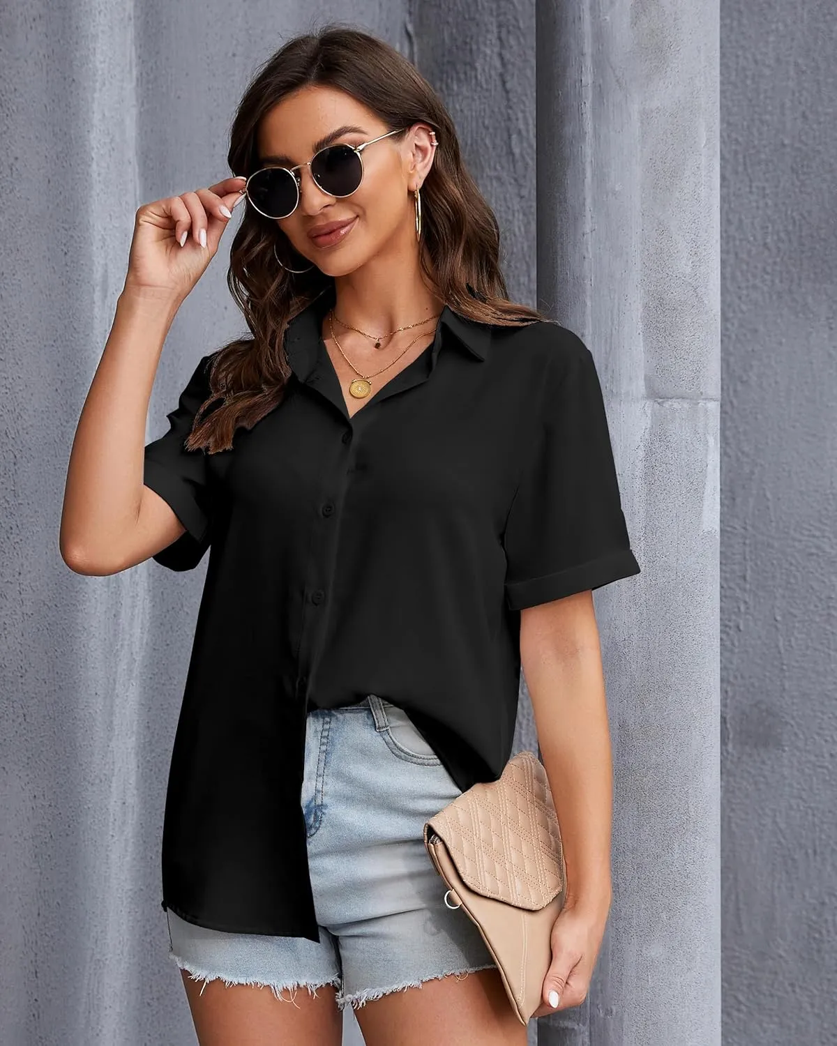 YAMANMAN Womens Button Down Shirt Short Sleeve Classic Collared Blouse Work Office Casual Chiffon Tops