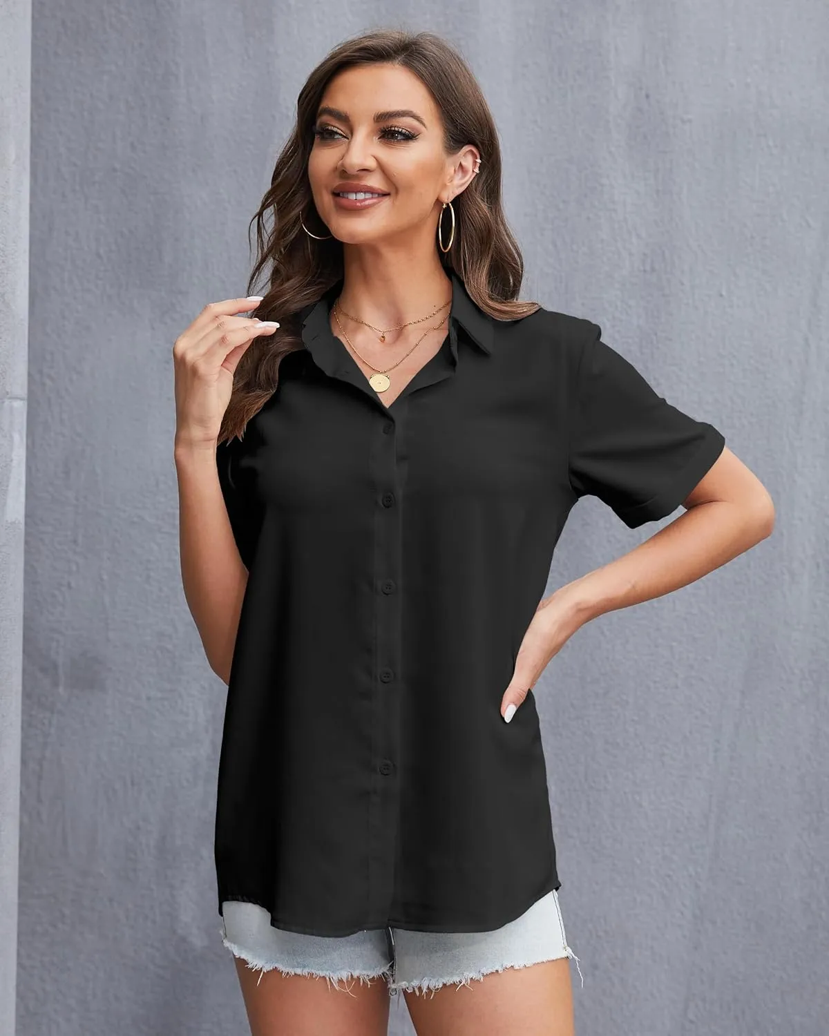 YAMANMAN Womens Button Down Shirt Short Sleeve Classic Collared Blouse Work Office Casual Chiffon Tops