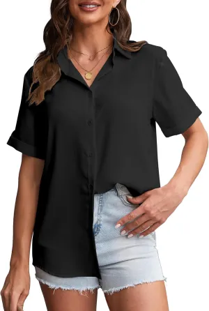 YAMANMAN Womens Button Down Shirt Short Sleeve Classic Collared Blouse Work Office Casual Chiffon Tops
