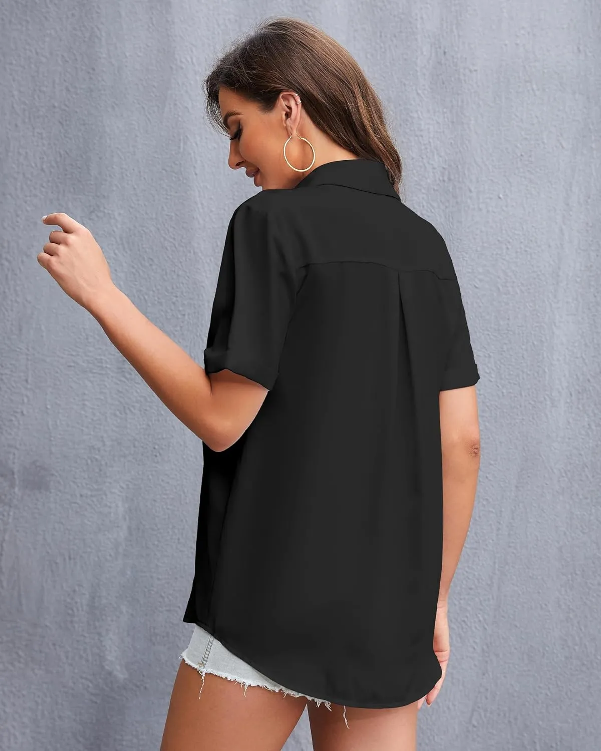 YAMANMAN Womens Button Down Shirt Short Sleeve Classic Collared Blouse Work Office Casual Chiffon Tops