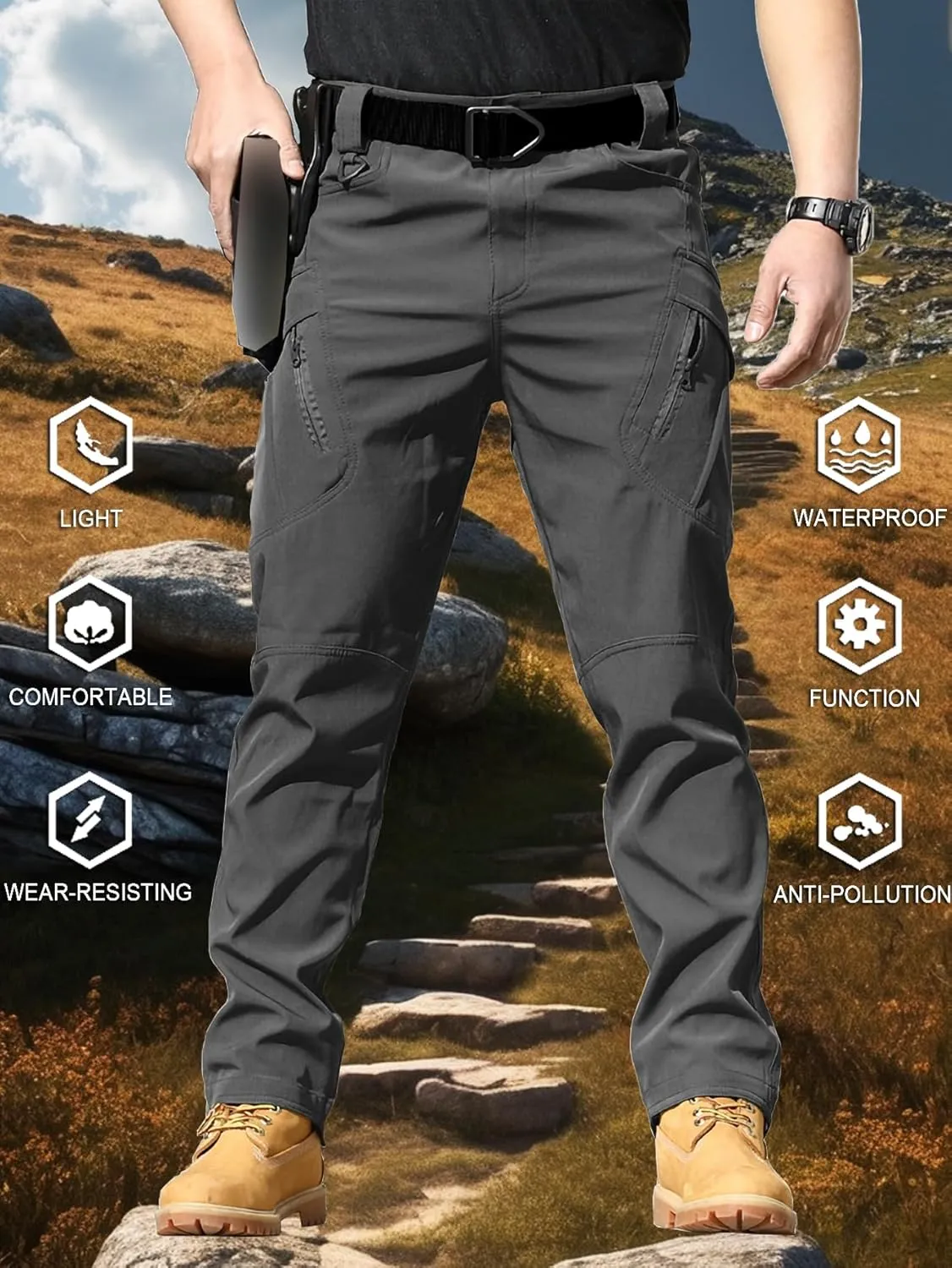 YAXHWIV Men's Hiking Cargo Pants Water Resistant Lightweight Tactical Outdoor Work Pants with Pockets(No Belt)
