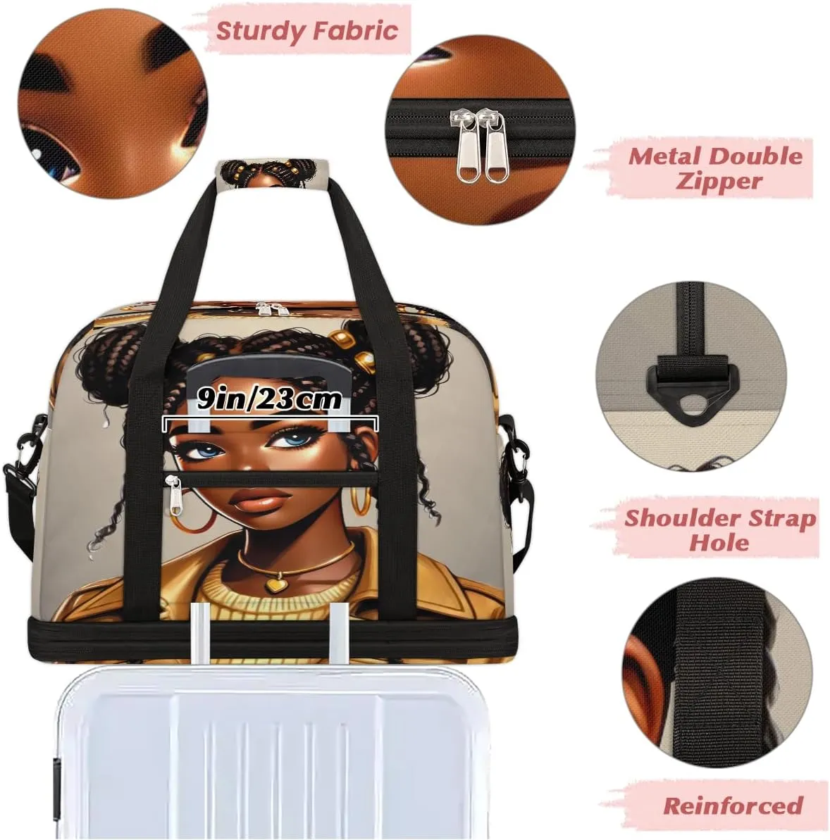 Yellow Africa Black Girl Large Weekender Overnight Bags Travel Duffel Bag for Women Men Gym Bag With Shoe Compartment Foldie Travel Tote Bag Carry On Personal Item Bag for Travel Gym Sports