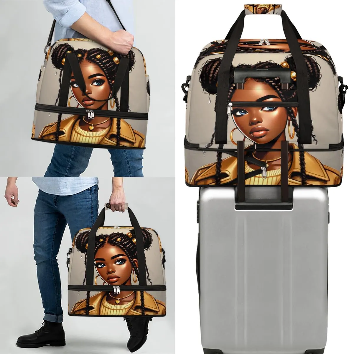Yellow Africa Black Girl Large Weekender Overnight Bags Travel Duffel Bag for Women Men Gym Bag With Shoe Compartment Foldie Travel Tote Bag Carry On Personal Item Bag for Travel Gym Sports