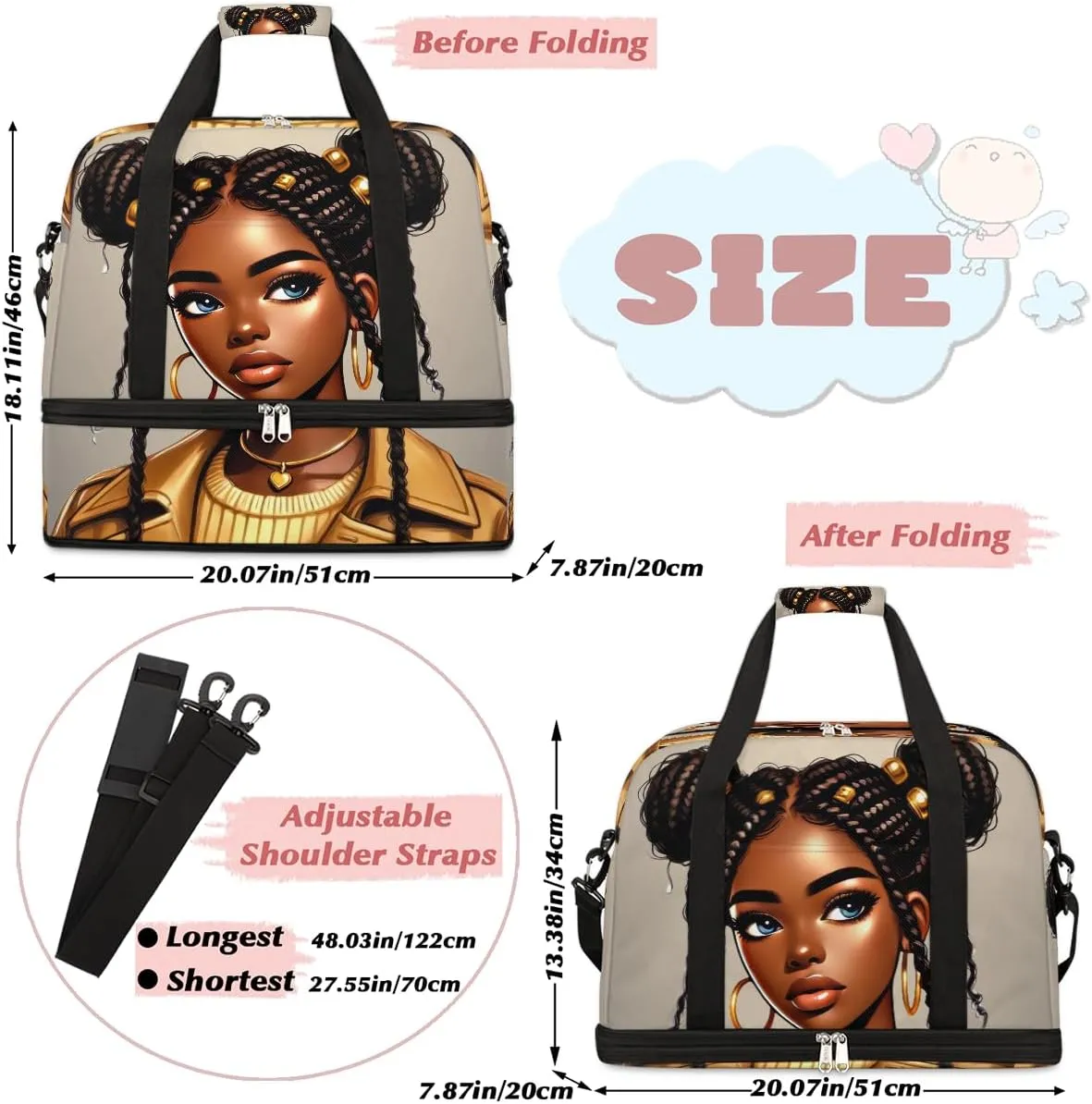 Yellow Africa Black Girl Large Weekender Overnight Bags Travel Duffel Bag for Women Men Gym Bag With Shoe Compartment Foldie Travel Tote Bag Carry On Personal Item Bag for Travel Gym Sports