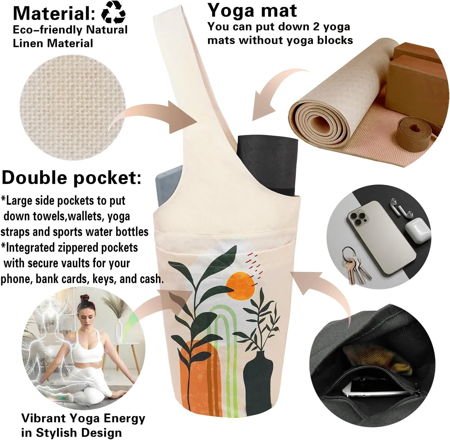 Yoga Mat Bags for Women with Side Large Pocket Durable Linen Workout Gym Travel Storage Pilates Mats