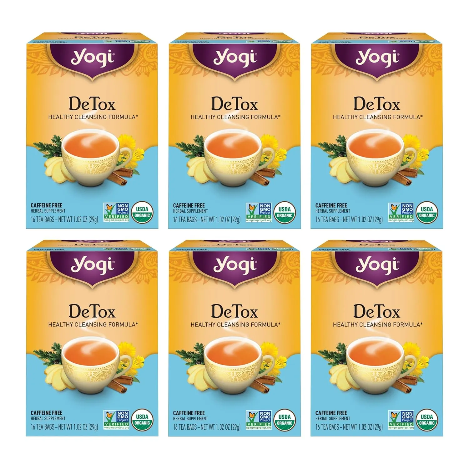 Yogi Tea DeTox Tea - 16 Tea Bags per Pack (6 Packs) - Organic Detox Tea for Digestive & Circulation Support - Includes Burdock, Dandelion, Ginger Root, Black Pepper, Cardamom & Juniper Berry