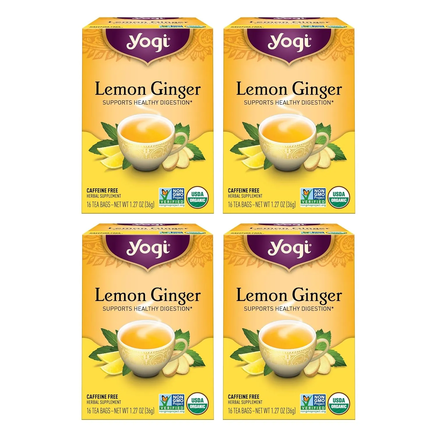 Yogi Tea Lemon Ginger - 16 Bags per Pack (4 Packs) - Organic Ginger Root Tea to Support Healthy Digestion - Includes Lemongrass, Licorice Root, Lemon Peel & More