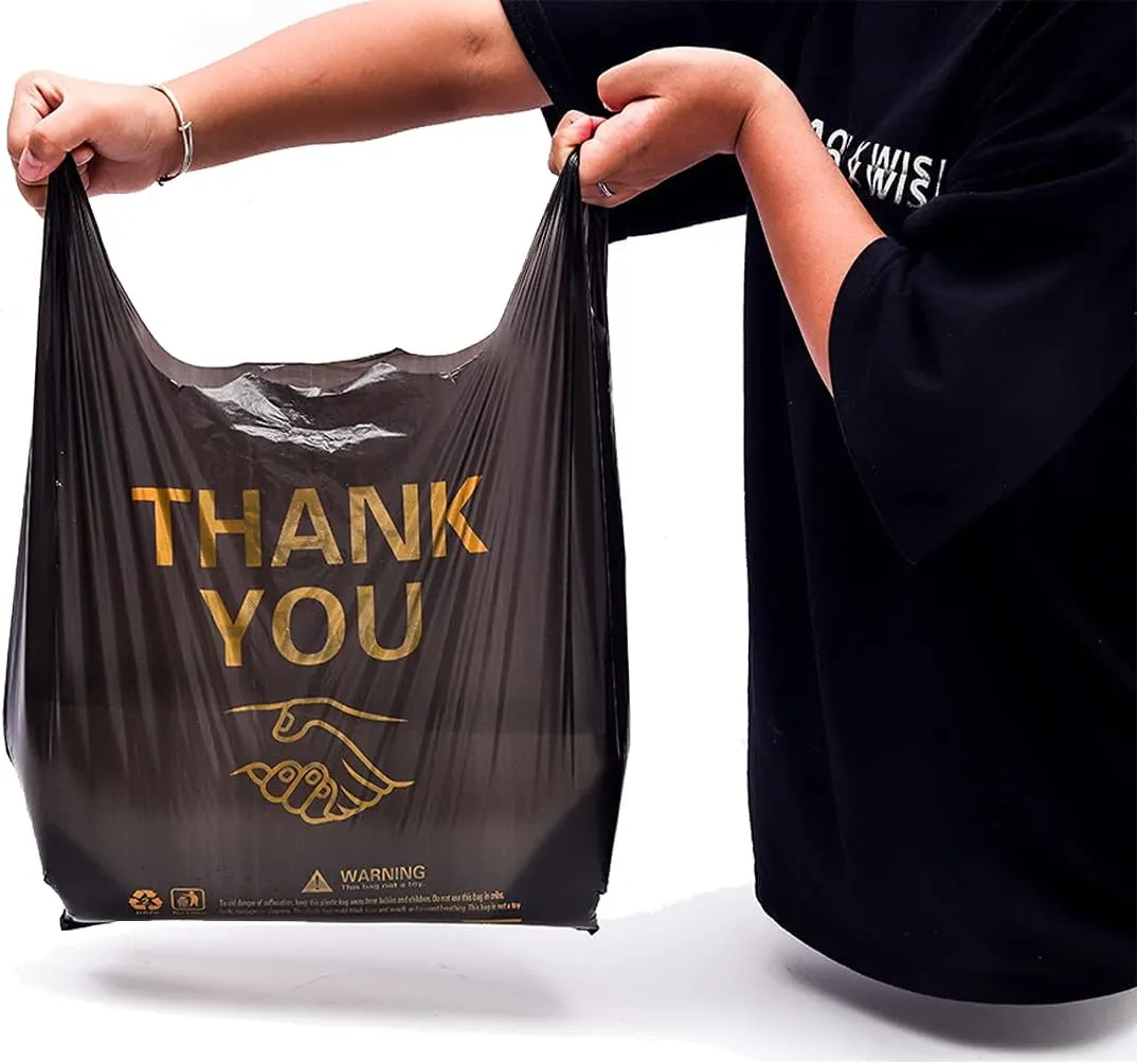 ysmile 150 pcs Large Thank You Plastic Grocery Bag T Shirt Bags for Small Business to Go Store Shopping Bag Bulk Heavy Duty 12x19 Inch from Black