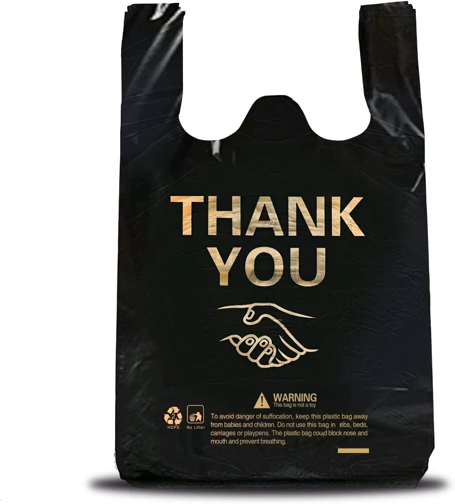 ysmile 150 pcs Large Thank You Plastic Grocery Bag T Shirt Bags for Small Business to Go Store Shopping Bag Bulk Heavy Duty 12x19 Inch from Black