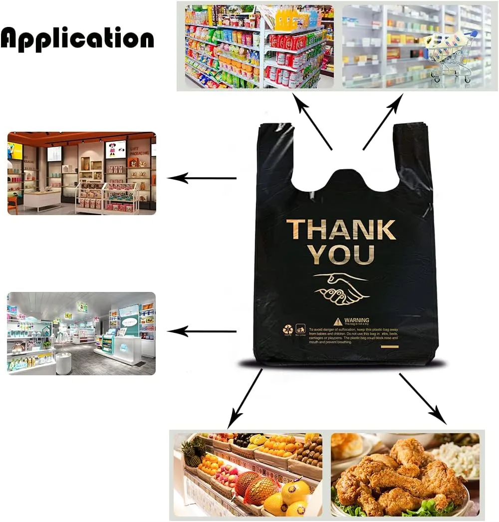ysmile 150 pcs Large Thank You Plastic Grocery Bag T Shirt Bags for Small Business to Go Store Shopping Bag Bulk Heavy Duty 12x19 Inch from Black