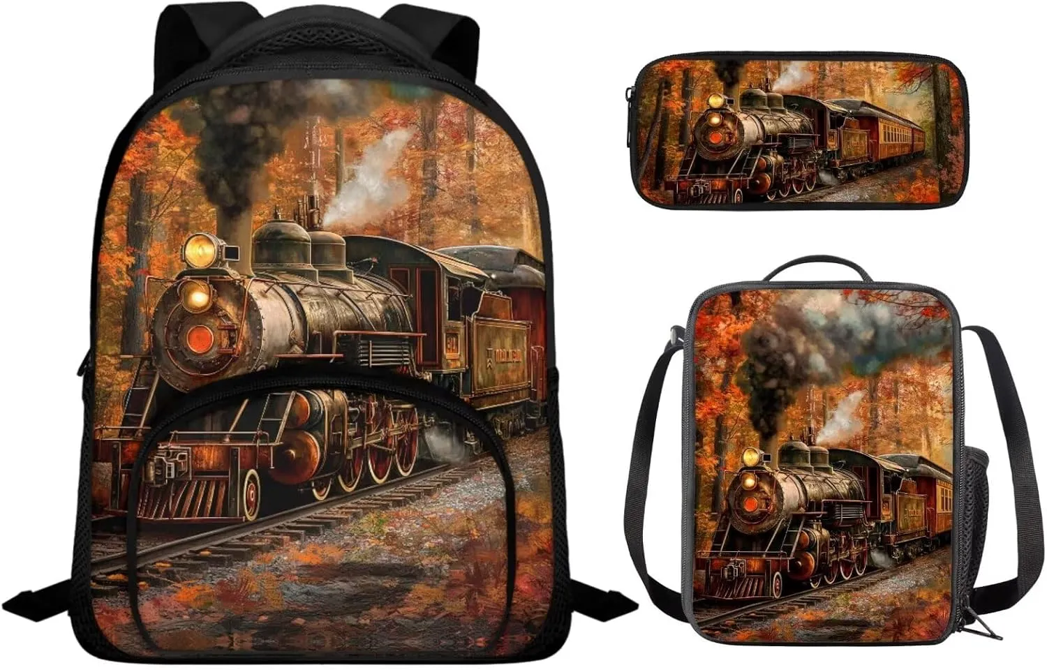 Ystardream Autumn Train Backpack for Girls Backpack With Lunch Box Toddler Bookbag Ages 5-7 School Bags Kids Student Back To School Book Bag with Pencil Case for Little Kid 3 Piece Set