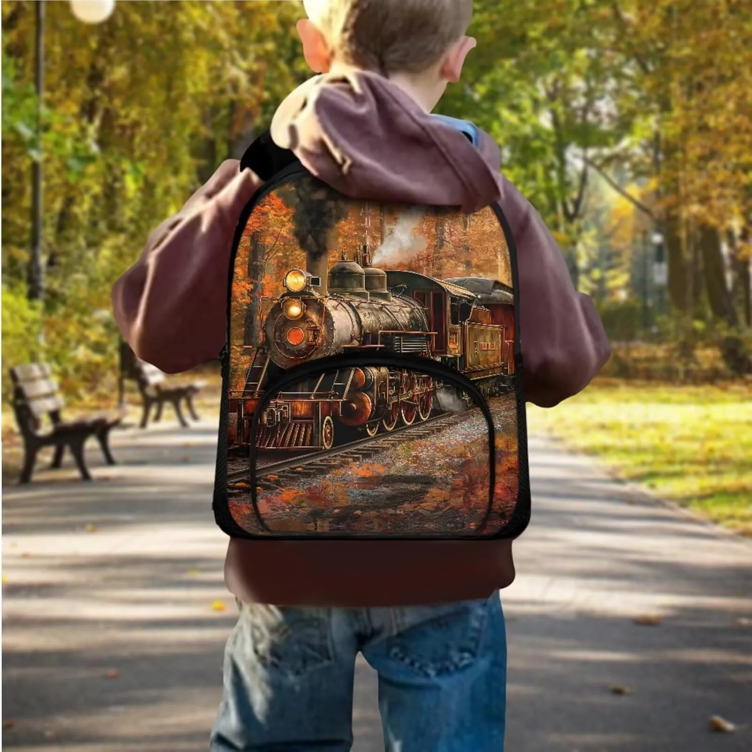Ystardream Autumn Train Backpack for Girls Backpack With Lunch Box Toddler Bookbag Ages 5-7 School Bags Kids Student Back To School Book Bag with Pencil Case for Little Kid 3 Piece Set