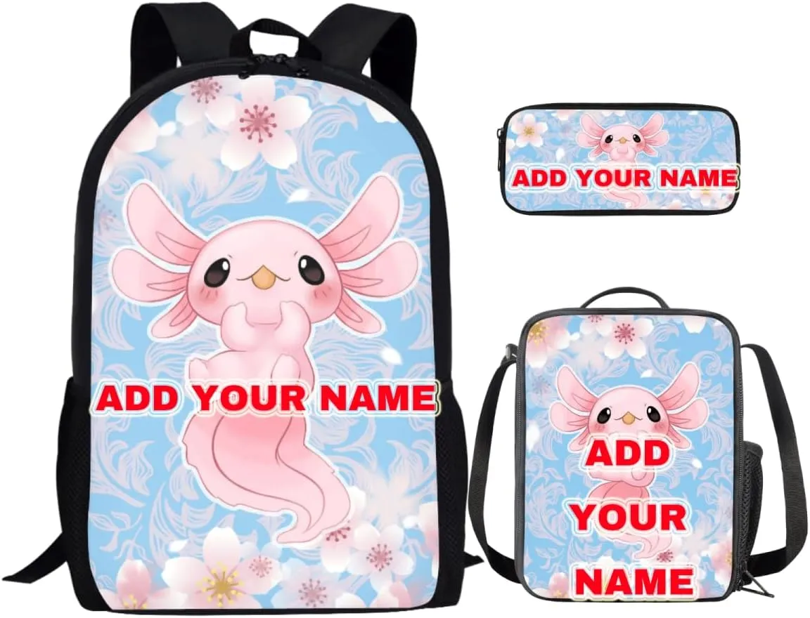 Ystardream Custom Backpack and Lunch Box Set Axolotl Backpack for Girls 8-10 Cute Kids School Backpack 3 in 1 for Kids School Bag Book Bag SetS 17 inch
