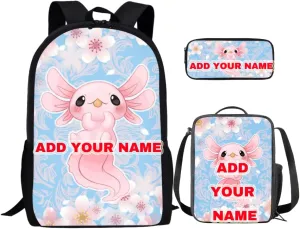 Ystardream Custom Backpack and Lunch Box Set Axolotl Backpack for Girls 8-10 Cute Kids School Backpack 3 in 1 for Kids School Bag Book Bag SetS 17 inch