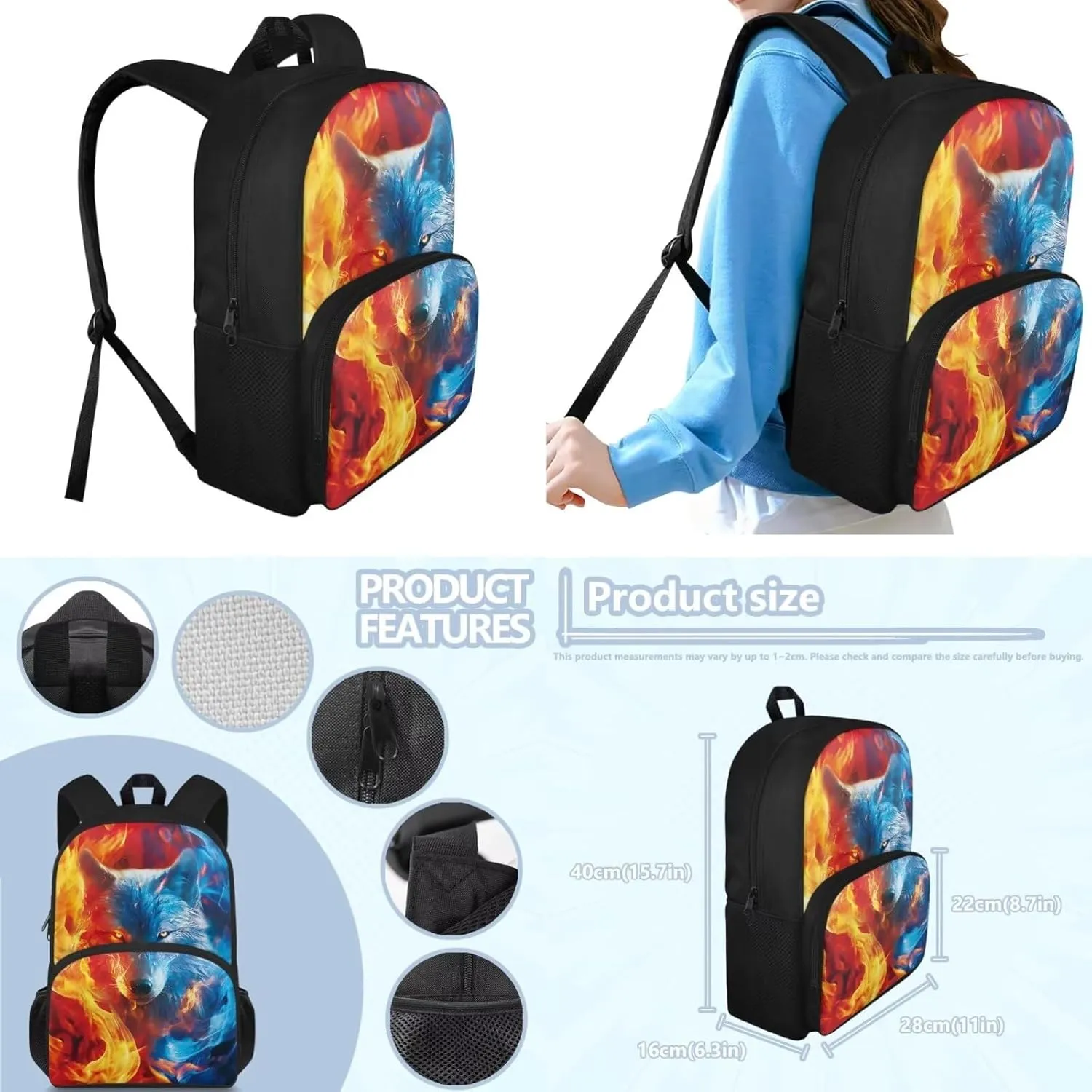 Ystardream Custom Wolf Backpack for Boys 10-12 Kids Backpack with Lunch Box Pencil Box Cool Student Backpack for Teenagers Primary School Backpack for School Travel Dance Sports Camping