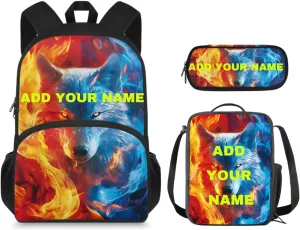 Ystardream Custom Wolf Backpack for Boys 10-12 Kids Backpack with Lunch Box Pencil Box Cool Student Backpack for Teenagers Primary School Backpack for School Travel Dance Sports Camping