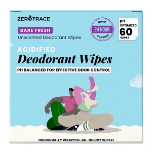 Zero Trace Travel Deodorant Wipes - 60 Count- 24 Hour Odor Control - Aluminum Free Hypoallergenic Deodorant For Women and Men - Individually Wrapped Underarm & Body Wipes - Uscented Bare Fresh