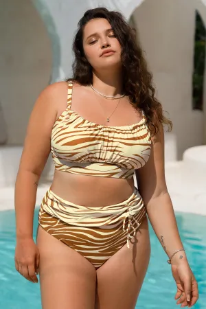 Zesty Zebra Ruched Drawstring High Waist Plus Size Bikini Bottoms