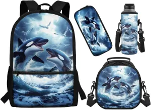 ZFRXIGN Killer Whale Backpack for Boys 8-14 with Lunch Box Big Capacity Pencil Pouch Water Bottle Holder with Strap Middle Elementary Students Backpack with Zipper for School