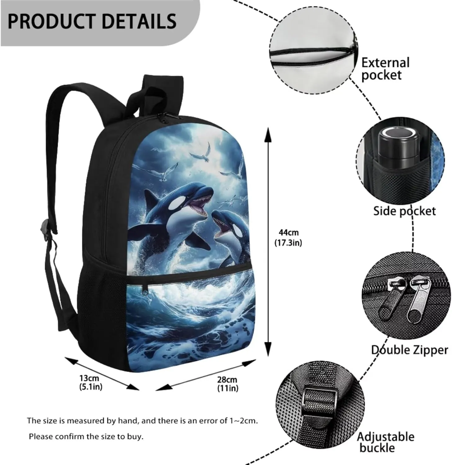 ZFRXIGN Killer Whale Backpack for Boys 8-14 with Lunch Box Big Capacity Pencil Pouch Water Bottle Holder with Strap Middle Elementary Students Backpack with Zipper for School