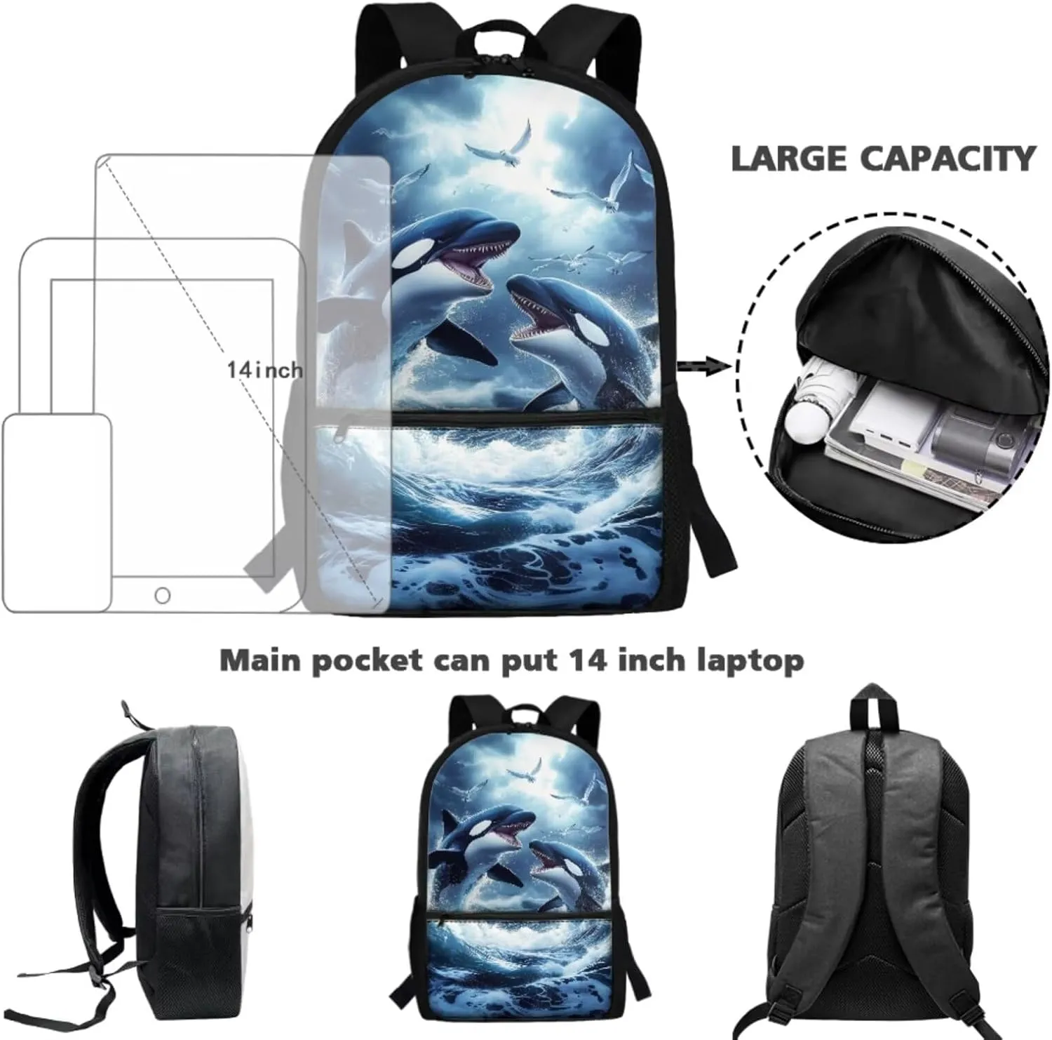 ZFRXIGN Killer Whale Backpack for Boys 8-14 with Lunch Box Big Capacity Pencil Pouch Water Bottle Holder with Strap Middle Elementary Students Backpack with Zipper for School