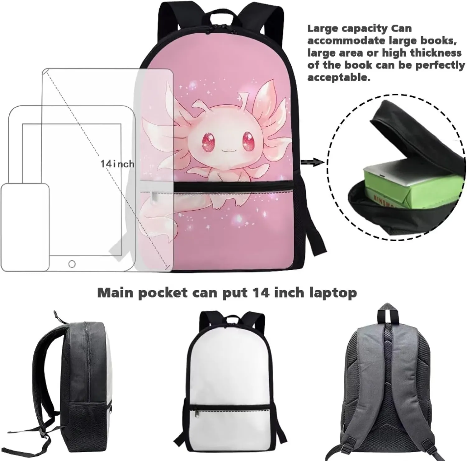 ZOUTAIRONG Axolotl Backpack for School Girls 8-9 Years Old Middle School Bag Pink Bookbag Elementary School Bag with Front Pocket Kids Cute Schoolbag 3rd/4rd Back to School Lightwright Bubble