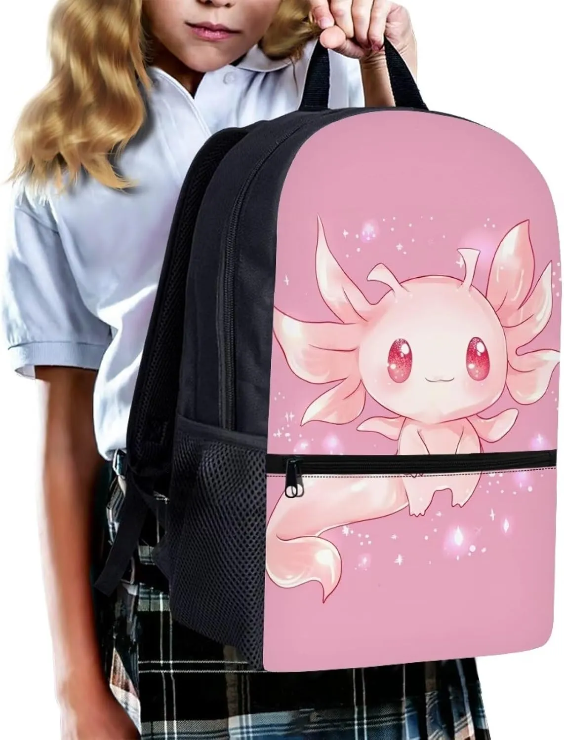 ZOUTAIRONG Axolotl Backpack for School Girls 8-9 Years Old Middle School Bag Pink Bookbag Elementary School Bag with Front Pocket Kids Cute Schoolbag 3rd/4rd Back to School Lightwright Bubble
