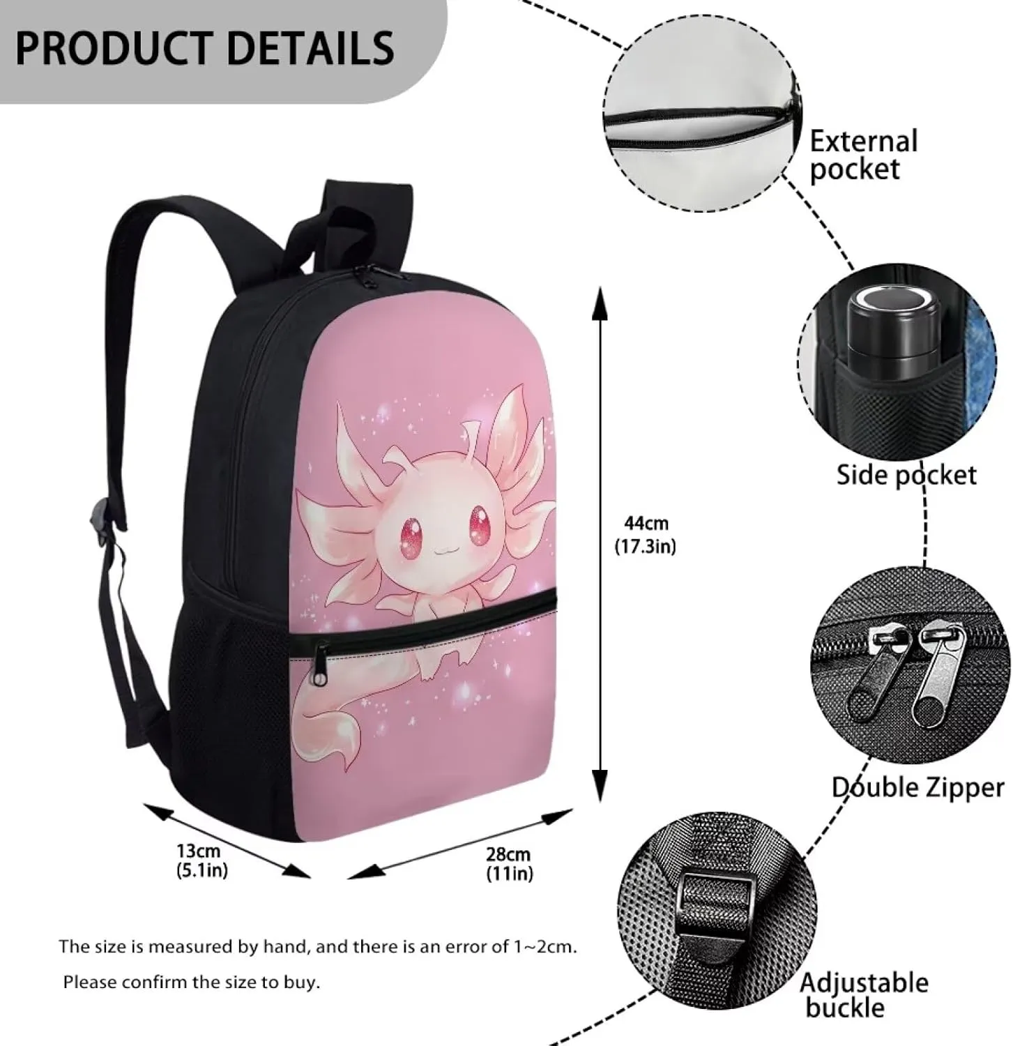 ZOUTAIRONG Axolotl Backpack for School Girls 8-9 Years Old Middle School Bag Pink Bookbag Elementary School Bag with Front Pocket Kids Cute Schoolbag 3rd/4rd Back to School Lightwright Bubble