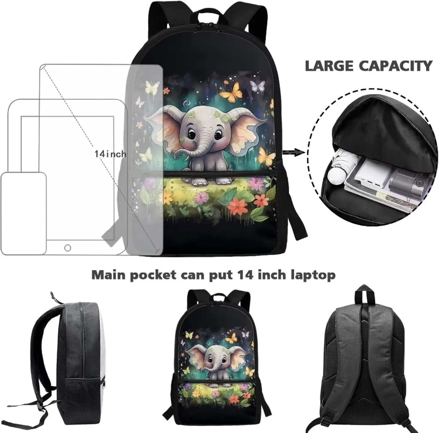 ZOUTAIRONG Butterfly Book Bag for Girls Elephant Backpack 10-12 Years Olds Middle Elementary School Bag with Side Pocket Kids Bookbag 17 inch Children Cute Schoolbag 3Rd Grade/6Th Grade