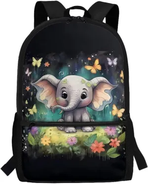 ZOUTAIRONG Butterfly Book Bag for Girls Elephant Backpack 10-12 Years Olds Middle Elementary School Bag with Side Pocket Kids Bookbag 17 inch Children Cute Schoolbag 3Rd Grade/6Th Grade