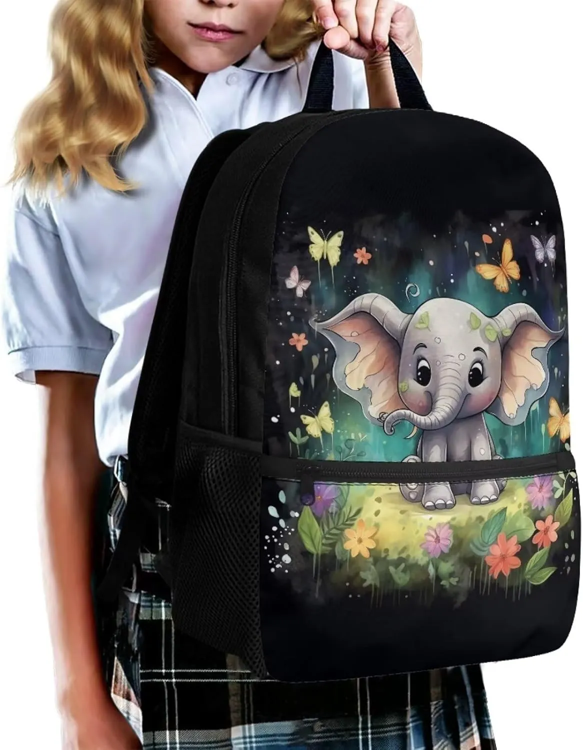 ZOUTAIRONG Butterfly Book Bag for Girls Elephant Backpack 10-12 Years Olds Middle Elementary School Bag with Side Pocket Kids Bookbag 17 inch Children Cute Schoolbag 3Rd Grade/6Th Grade