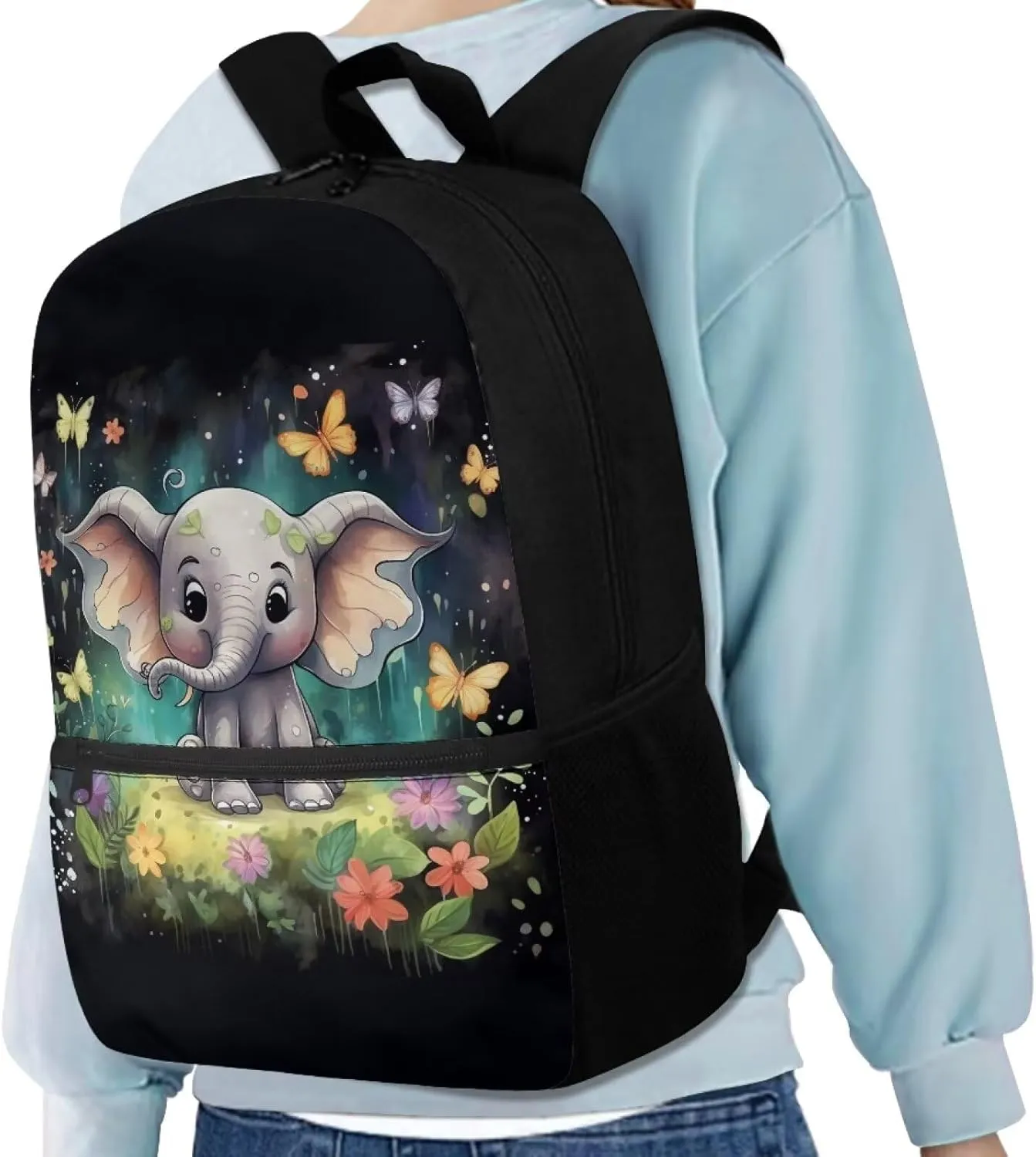 ZOUTAIRONG Butterfly Book Bag for Girls Elephant Backpack 10-12 Years Olds Middle Elementary School Bag with Side Pocket Kids Bookbag 17 inch Children Cute Schoolbag 3Rd Grade/6Th Grade