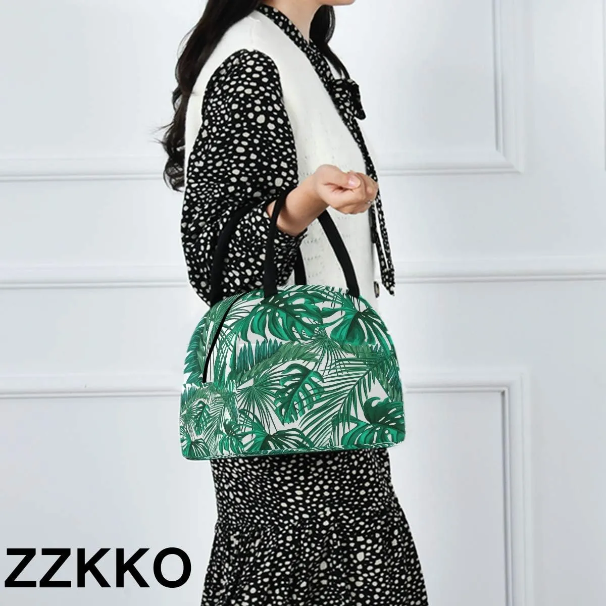 ZZKKO Green Palm Leaf Lunch Bag Box Tote Organizer Lunch Container Insulated Zipper Meal Prep Cooler Handbag For Women Men Home School Office Outdoor Use