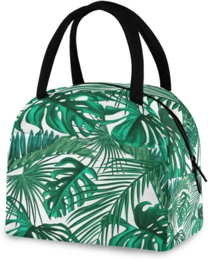 ZZKKO Green Palm Leaf Lunch Bag Box Tote Organizer Lunch Container Insulated Zipper Meal Prep Cooler Handbag For Women Men Home School Office Outdoor Use