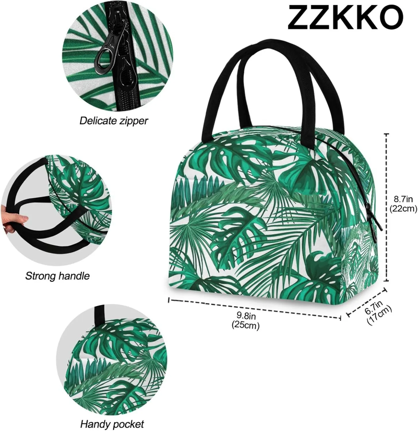 ZZKKO Green Palm Leaf Lunch Bag Box Tote Organizer Lunch Container Insulated Zipper Meal Prep Cooler Handbag For Women Men Home School Office Outdoor Use