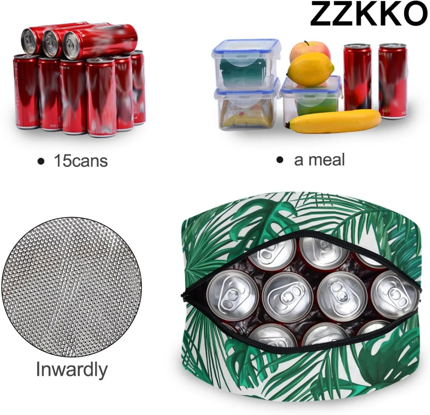ZZKKO Green Palm Leaf Lunch Bag Box Tote Organizer Lunch Container Insulated Zipper Meal Prep Cooler Handbag For Women Men Home School Office Outdoor Use